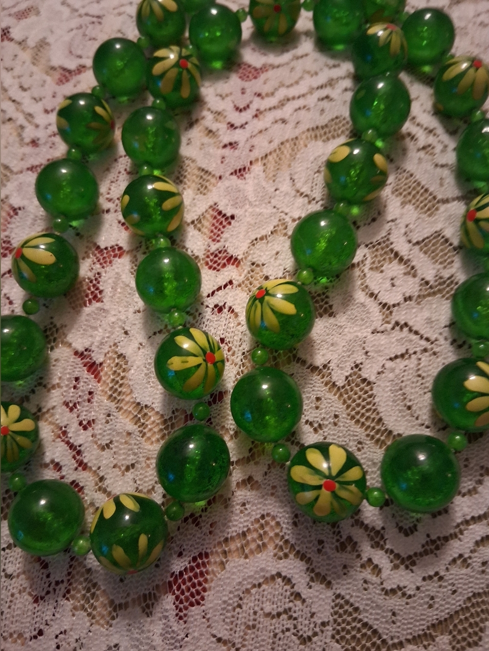 Vintage Green Bead Necklace With Handpainted Yellow  Flowers Acrylic Or Plastic